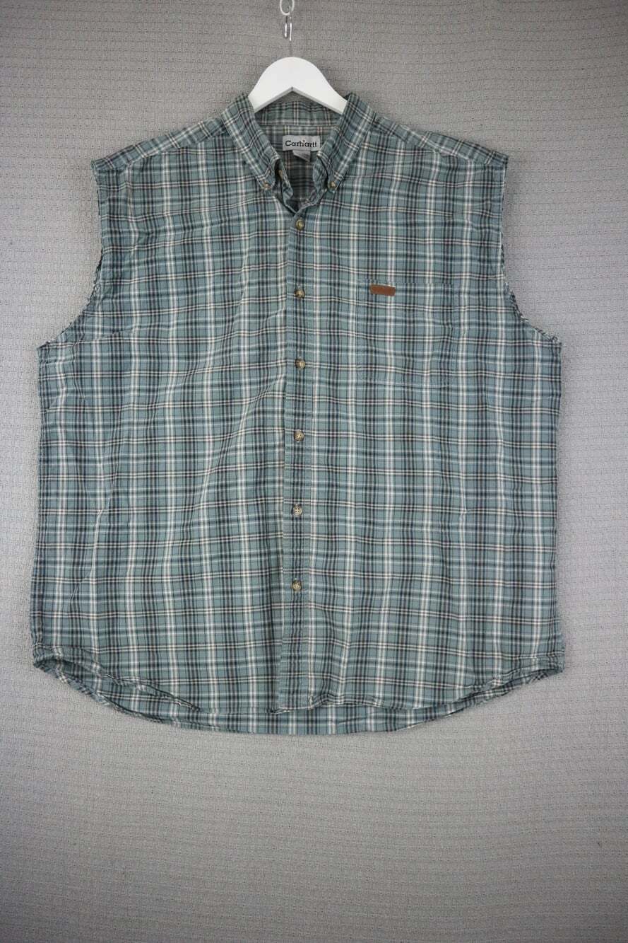 Carhartt Sleeveless Plaid Button Down Shirt Mens XXL Green Cutoff Muscle Workwea